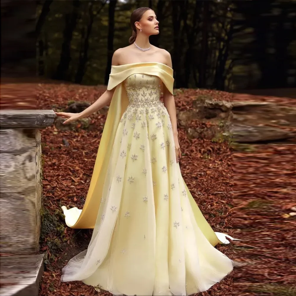 Sharon Said Luxuriöses gelbes Satin-Abendkleid aus Dubai mit Cape, schulterfrei, für arabische Frauen, Hochzeitsfeierkleider SS455, maßgeschneidert – Detail 5