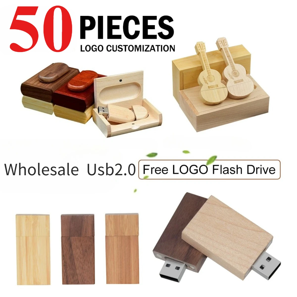 

50PCS LOT Free Custom Logo USB Flash Drive 128GB Wedding Gift Memory Stick 64GB Heart Pen Drive 32GB Wooden U disk 16GB