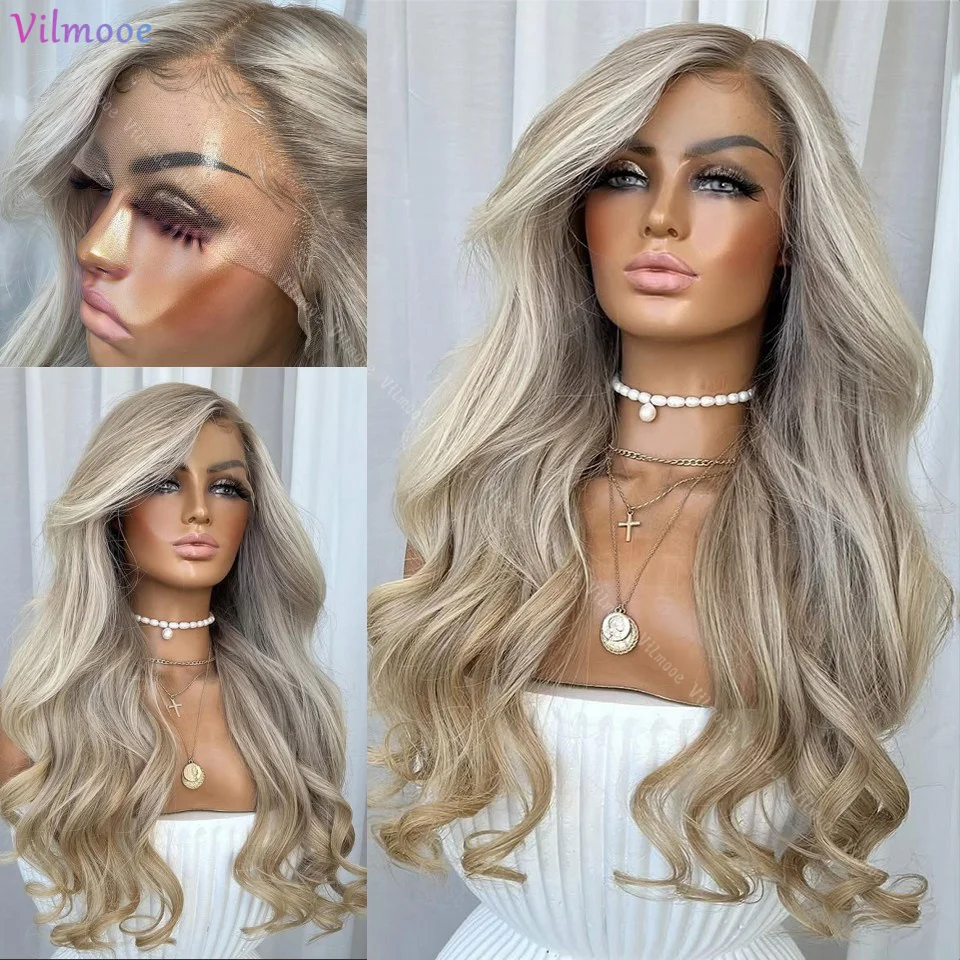 

13x4 Lace Front Human Hair Wig Ash Blonde #8/613 Human Hair Body Wave Glueless 180% Density Blonde Full Lace Wigs Bleached Knots