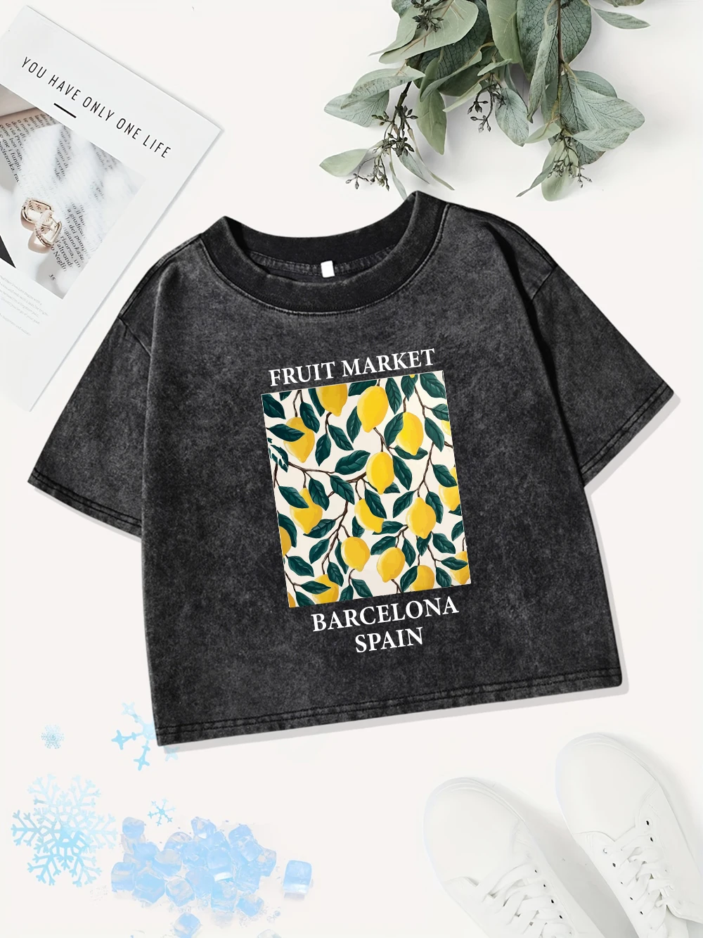 Sommer Baumwolle Crop Tops Damen Obstmarkt Barcelona Spanien Druck gewaschene T-Shirts Y2K O-Ausschnitt Regular Fit T-Shirts Freizeitkleidung