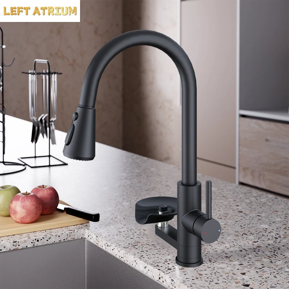 Kitchen pull-out mixer tap with extendable hot and cold water spout, sink mixer tap with cup washer and swivel spout