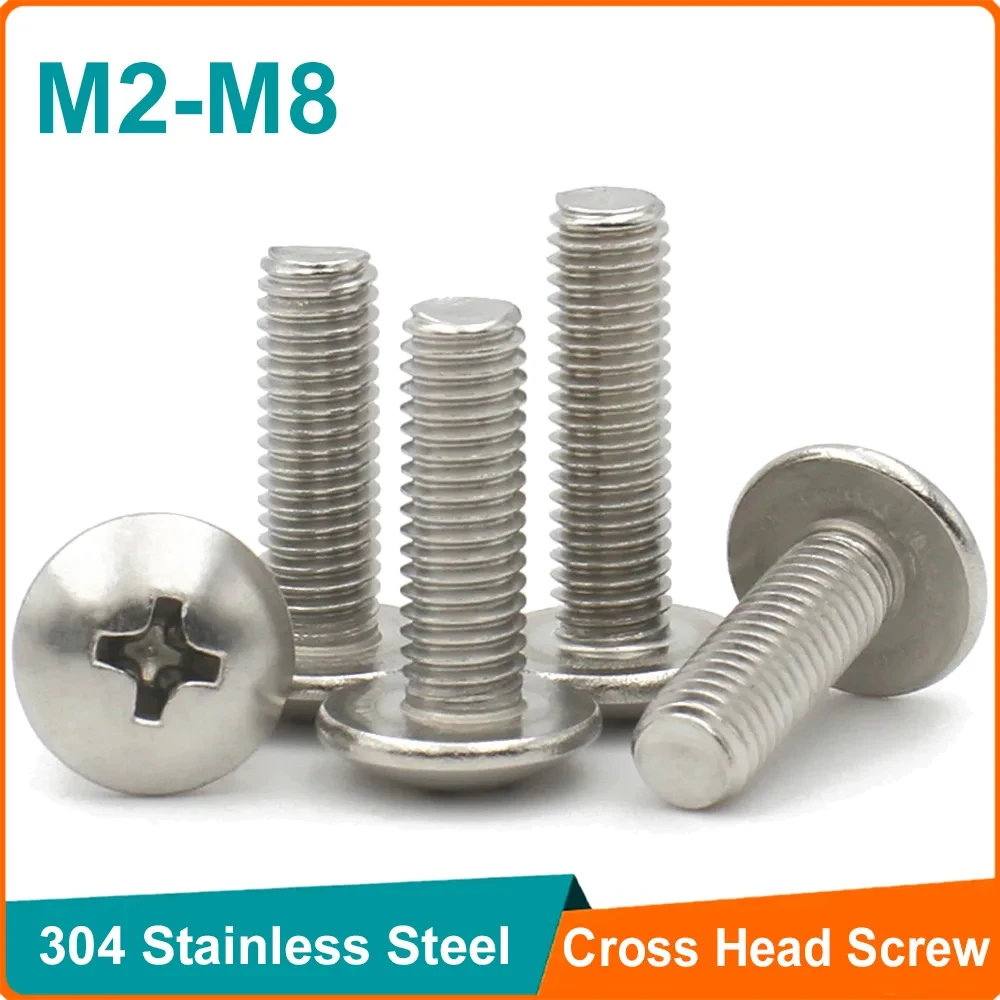 5-50pcs 304 A2-70 Stainless Steel Screw M2 M2.5 M3 M4 M5 M6 M8 Phillips Braguero Flat Head Large Round Cross Bolt length 3-80mm