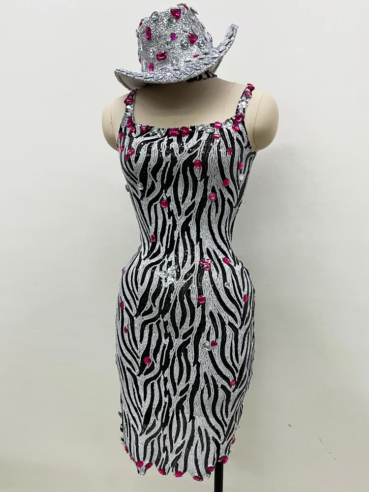 

Luxury 2025 women Crystals Dress hat Sequin Zebra Birthday Party club Model Runway Dress Singer Stage Celebrate Evening clothing