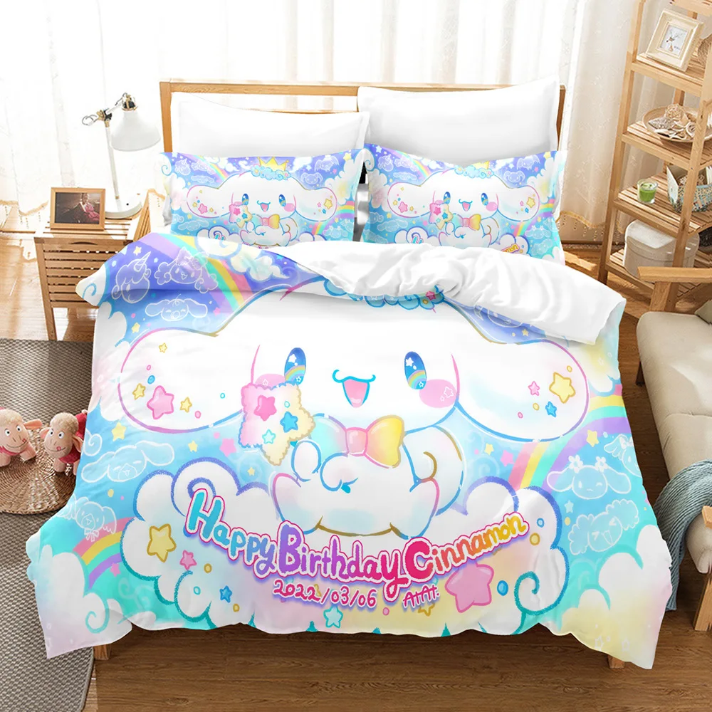 Imagem -03 - Sanrio Duvet Cover Conjunto para Crianças Desenhos Animados Kawaii Anime Cinnamoroll Capa de Edredão Fronha Cama de Menina Queen King Size