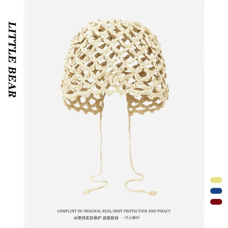 Korean Ins Retro Solid Color Handmade Crochet Hollow Beanies for Women Summer Thin Breathable Versatile Travel Pullover Hats