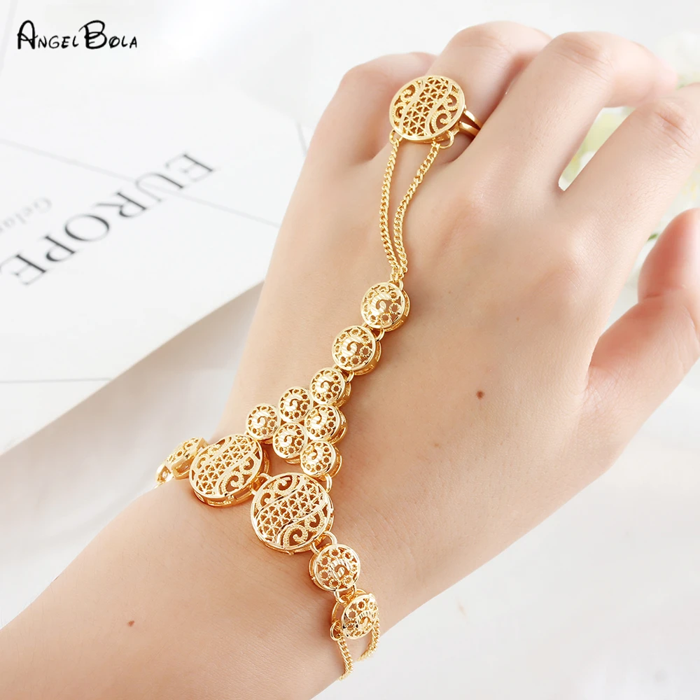 Simple Hollow Round Women Gold Fashion Bracelet Ring Set Party Decoration Ring Jewelry Wholesale