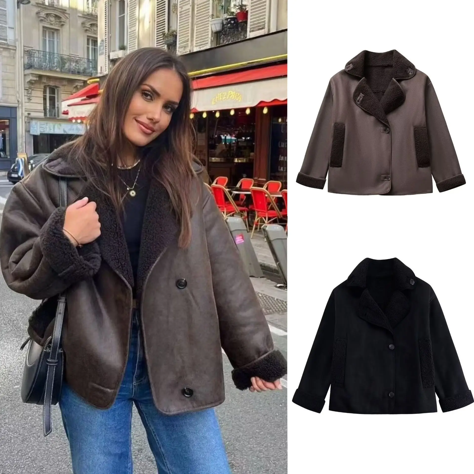 

Флисовая женская осенняя кожаная куртка из искусственной кожи с воротником с лацканами, пальто из смеси искусственной шерсти для женщин, утепленные женские плюшевые куртки