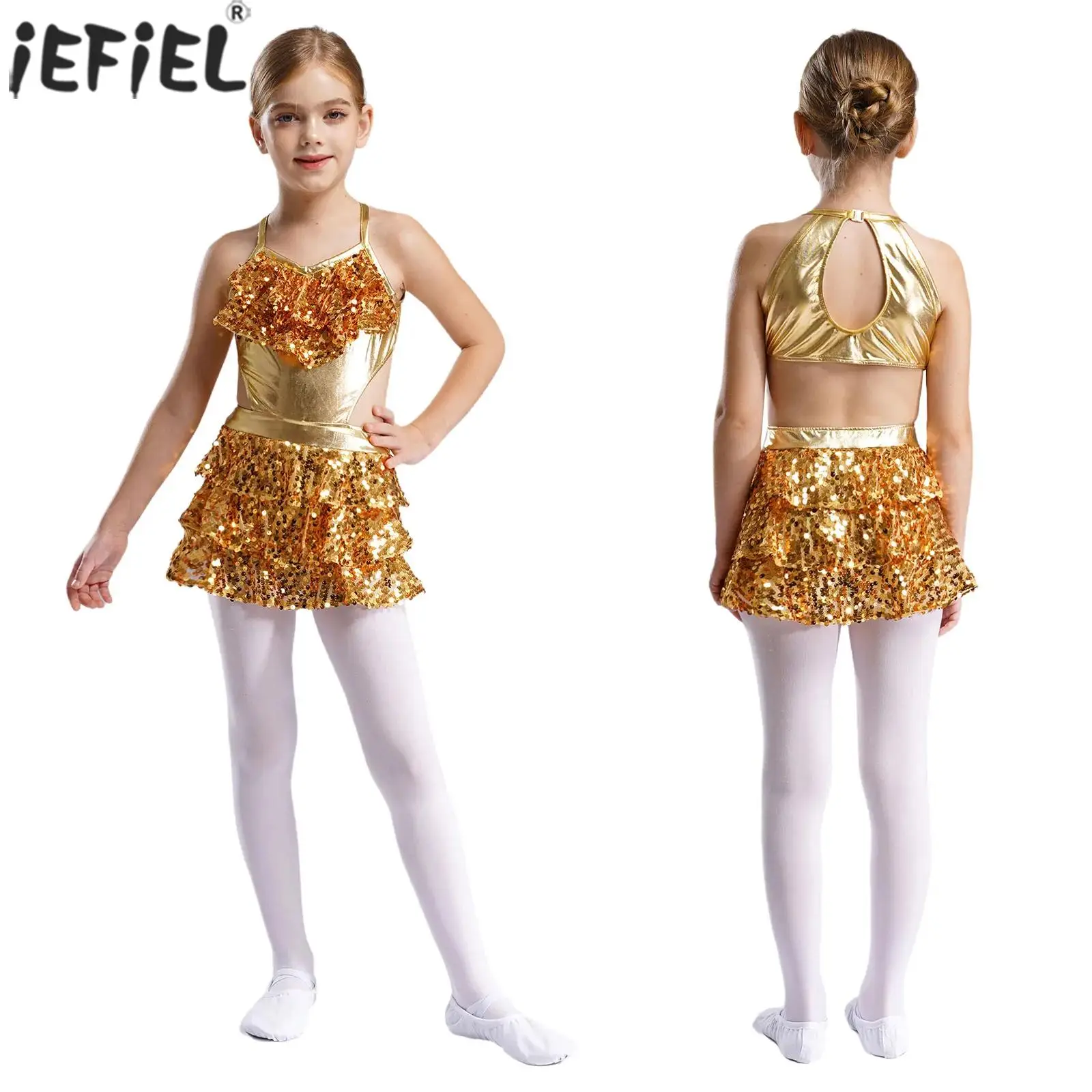 Kids Girls Sequins Jazz Latin Dance Dress Sleeveless Cutout Tiered Ruffle Metallic Leotard Ballet Skating Performance Costume