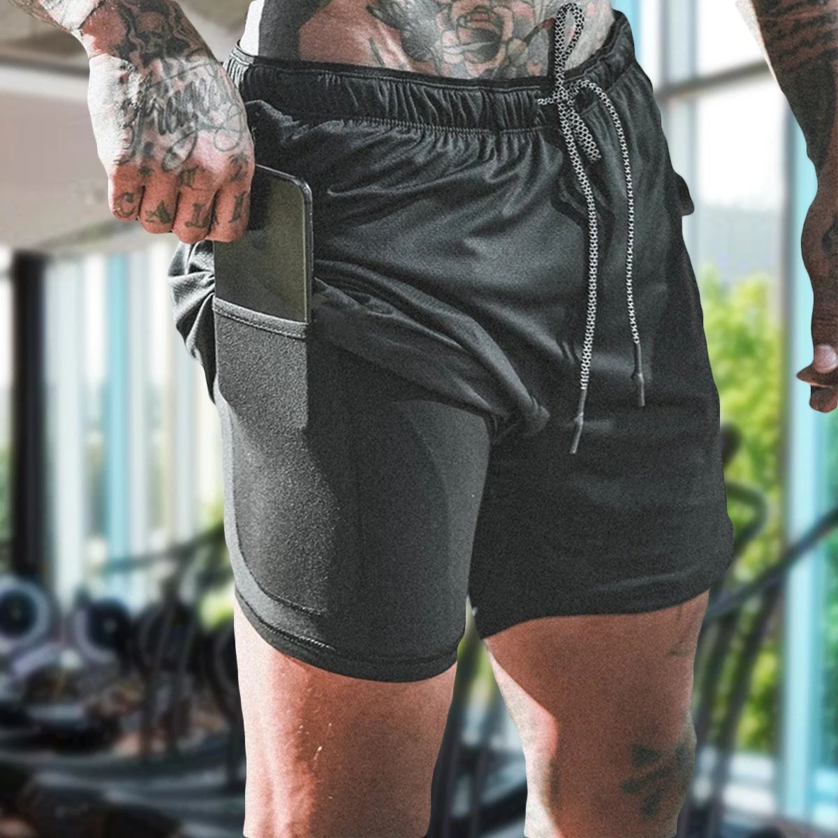 

2 in 1 Compression Shorts for Men Gym Workout Running Shorts with Phone Pockets Athletic Quick Dry Activewear Training Jogging