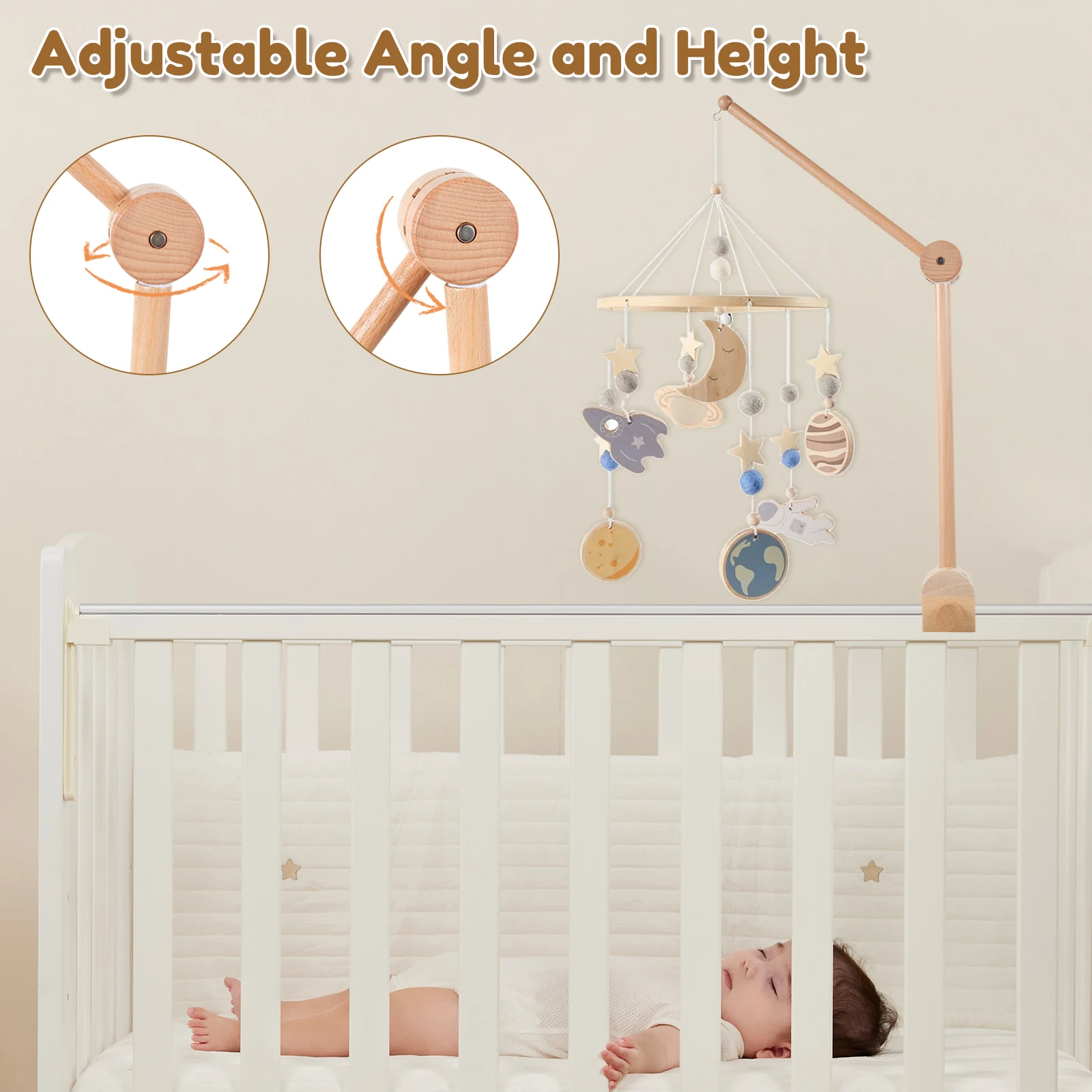 Baby Crib Mobile Arm 27inch Wooden Crib Mobile Holder Angle and Height Adjustable Crib Mobile Arm Non-Skid Crib Mobile Bed Bell