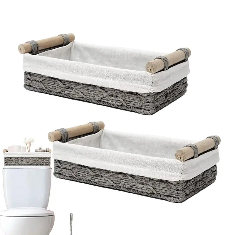 

Gray Wicker Baskets Decorative Rattan Case Large Capacity 2X Home Organization Necessities Bathroom Counter Organizer With