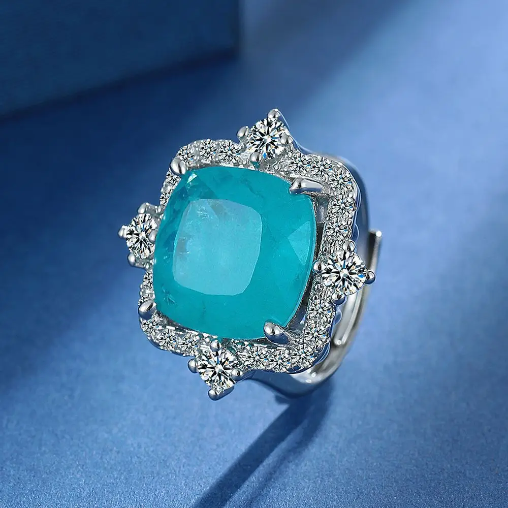 

925 Sterling Silver Fashion Cushion Cut Finger Rings for Women Elegant Paraiba Tourmaline Gemstone Wedding Statement Jewelry