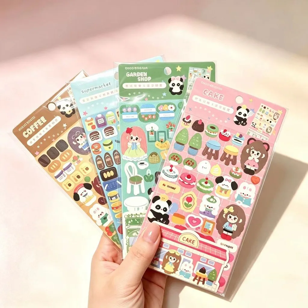 Single Sheet Cute Shop Scene Deco Stickers, Cartoon Panda & Mini Store Pattern Decals for Luggage DIY Decor AnimeWorlds Store