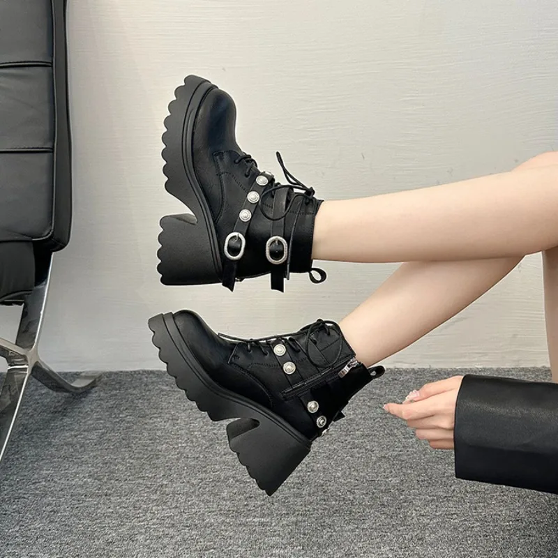 

Winter Women Ankle Boots Super High Heels Shoes Fahsion Chelsea Platform Sport Snow Warm Boots Chunky Pumps Lace Up Botas Mujer