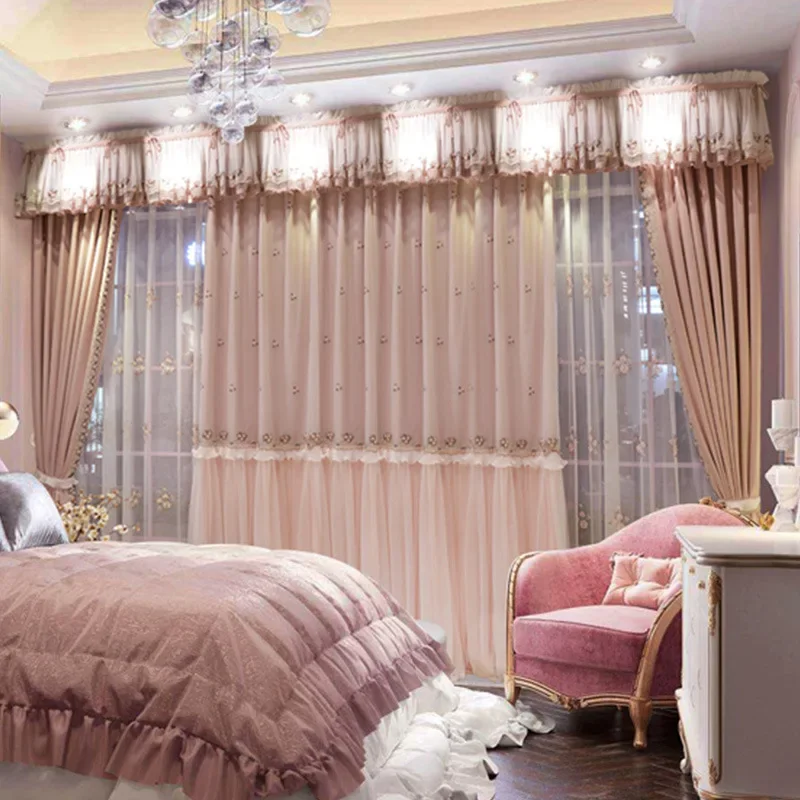 

Girls and Children Pink Lace Romantic Curtains for Living Dining Room Bedroom Princess Room Cotton and Linen Fabric Customized