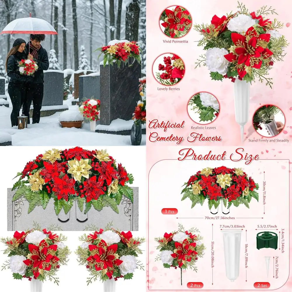 

3 Pcs Christmas Headstone Flower Saddle Cemetery Flowers for Grave Red and Gold Poinsettia Berry Artificial Memorial Bouquets wi