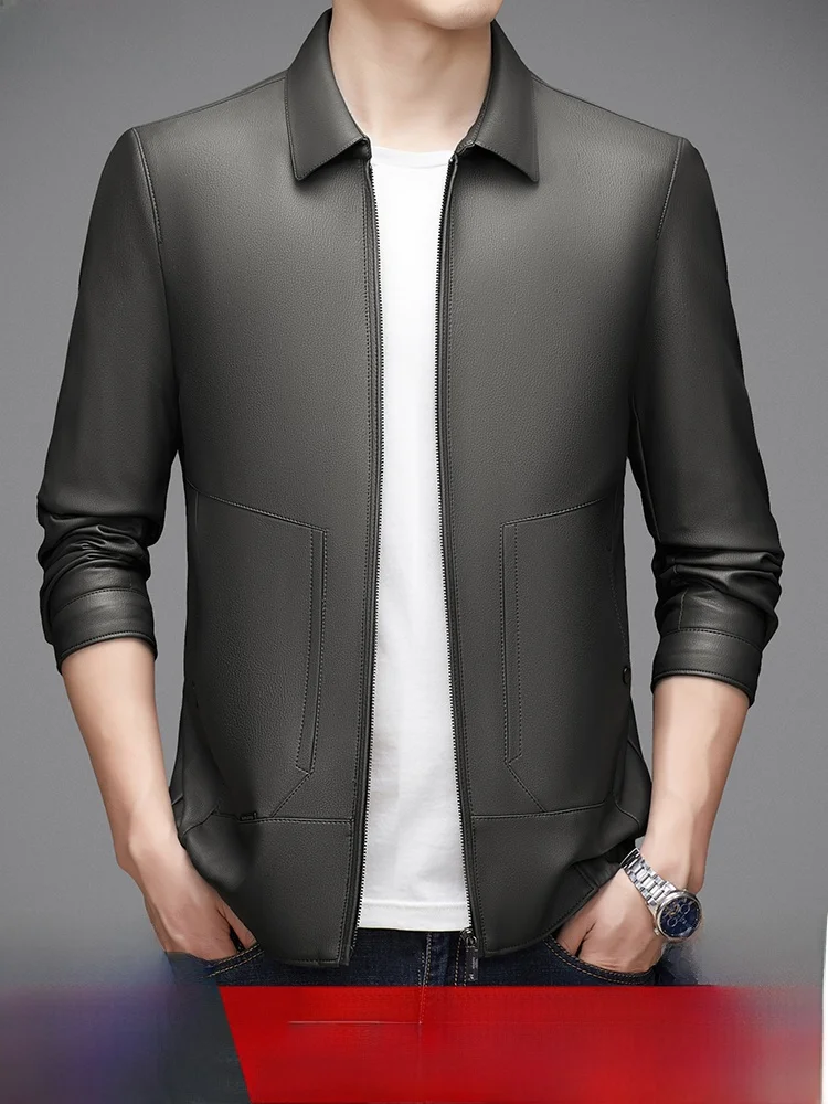 

Real Leather eepskin Jaet Men's Casual Spring Autumn Sle Dad Clothes Turn-down Collar Large Size Top Busin Casual