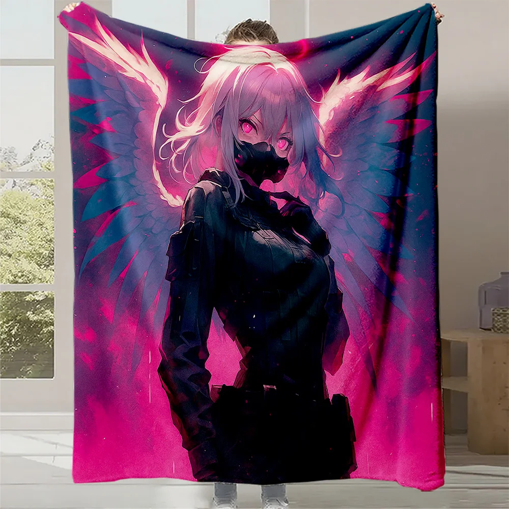 1pc Gothic Anime Angel Blanket - Heavyweight Plush Flannel All-Season Soft Bedspread with Dark Purple & Pink Winged Design, Mach