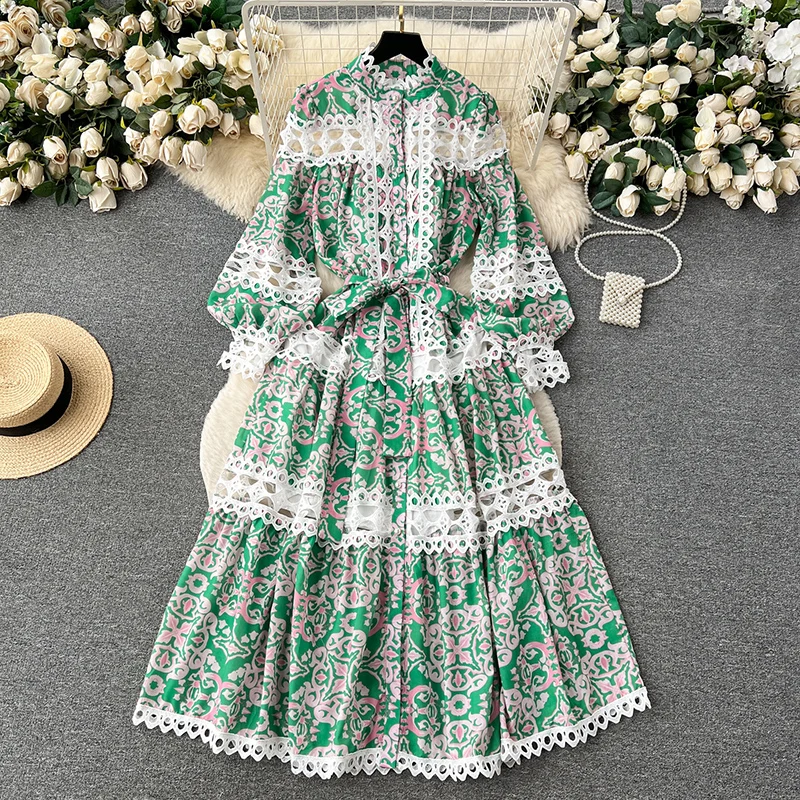 Imagem -03 - Elegante Bordado Estilo Palácio Vestido de Festa Feminino Elegante Oco Manga Comprida Linha a Princesa de Cintura Alta Vestido Boho