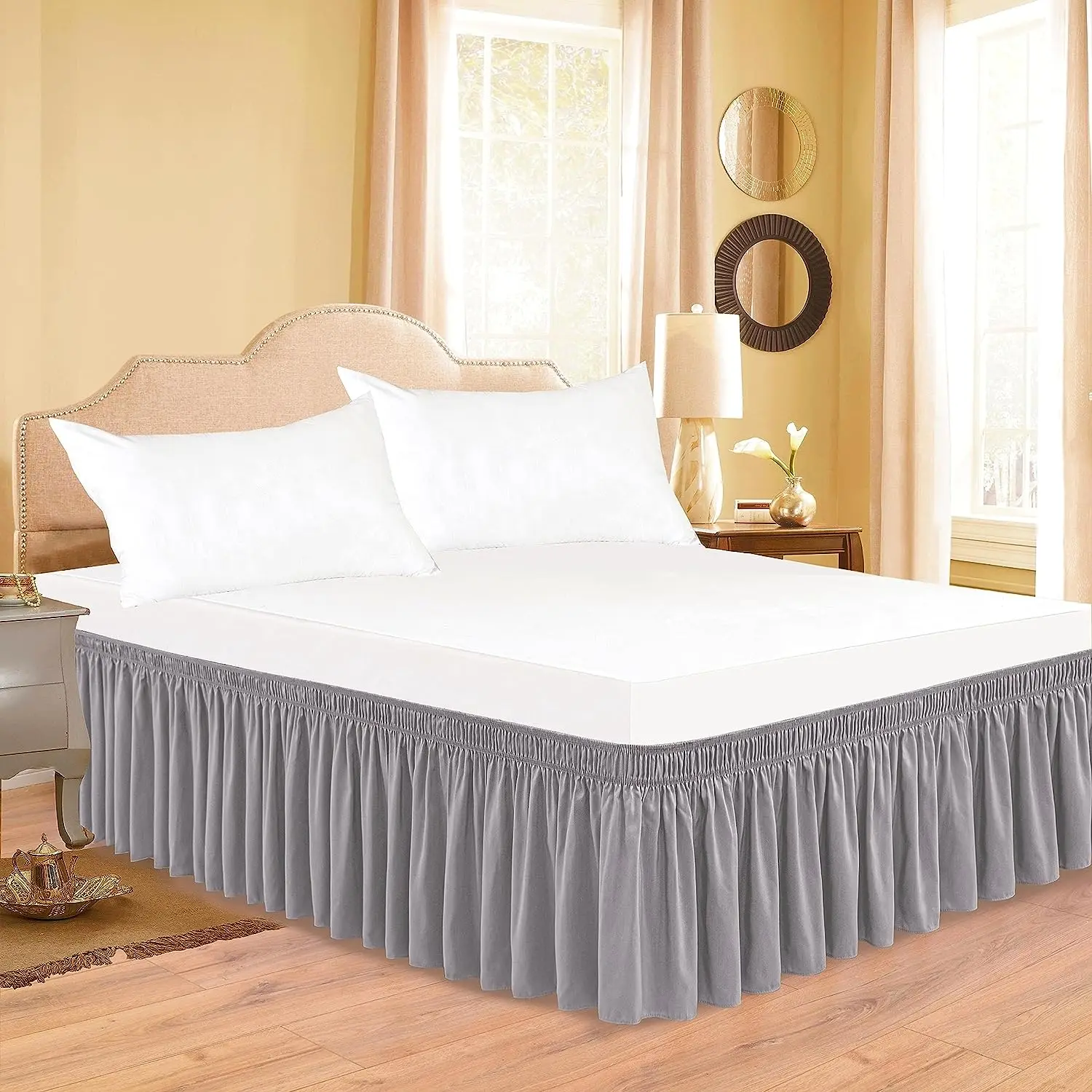 Wrap Around Dust Ruffle Bed Skirt - for Queen Size Beds with 14 in. Drop - Easy Fit Elastic Strap - Wrinkle Free, Machine Wash