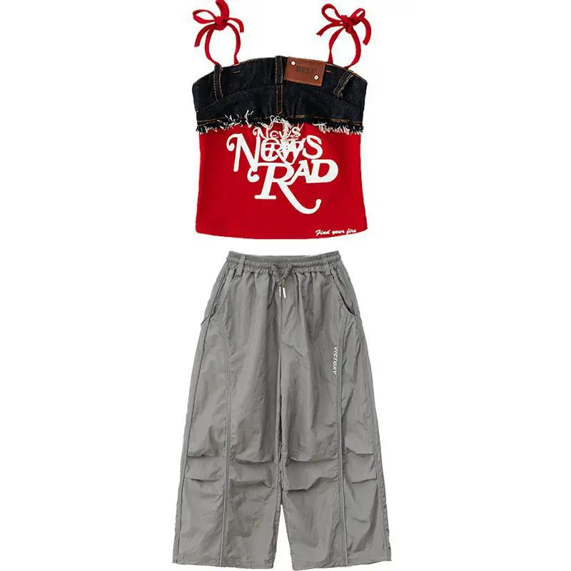 Mädchen Hip Hop Street Dance Outfit Cool Jazz Bühnenkostüm K-Pop Performance Kleidung Gruppe Crop Top Baggy Hosen Street Dance Set