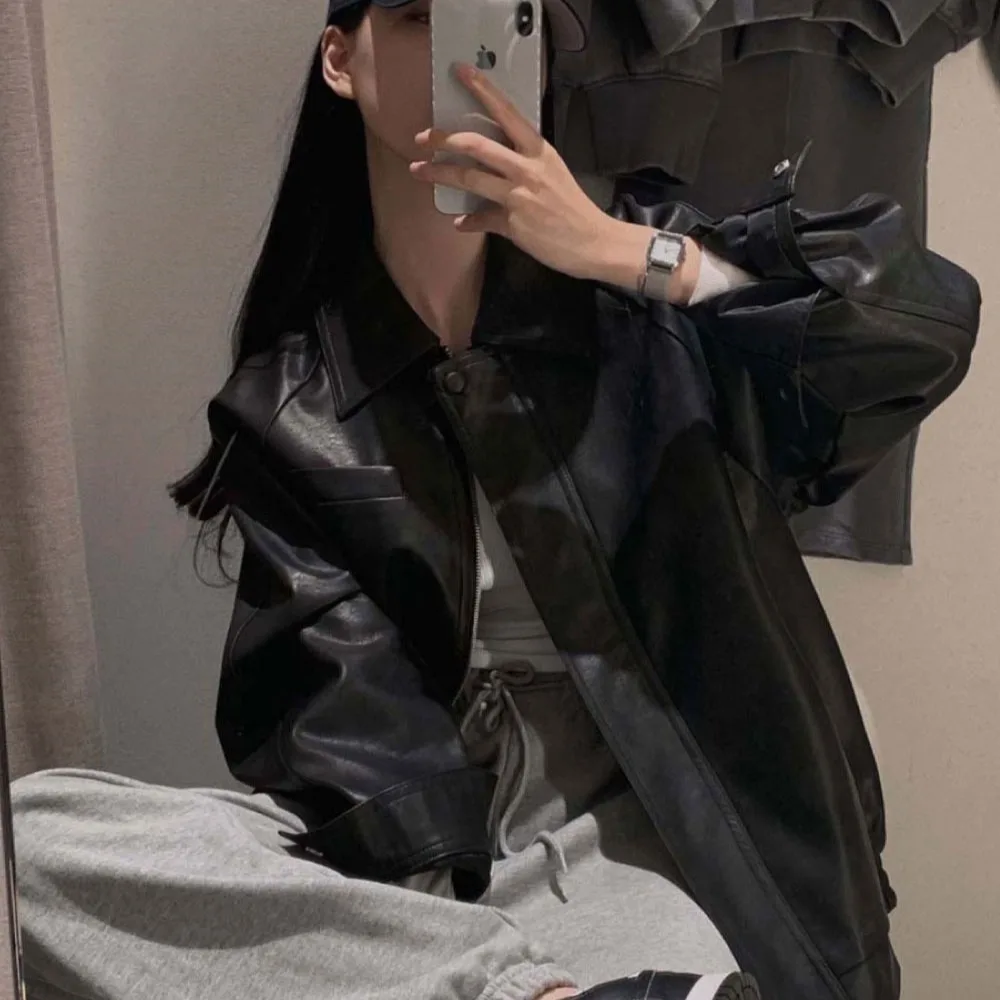 أنيقة بو الجلود Jaet المرأة سستة طوق فضفاضة تناسب السائق Sle ملابس خارجية طويلة Sve تخفيف Faion الخريف الاتجاه