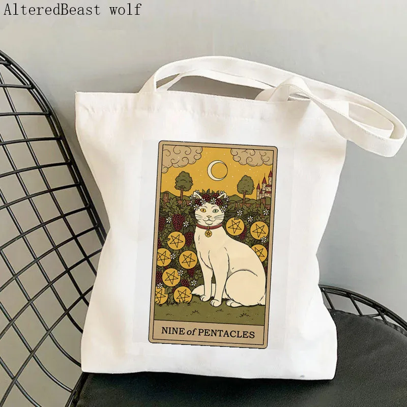 Women Shopper bag magic witchy Luna cat Tarot Bag Harajuku Shopping Canvas Shopper Bag girl handbag Tote Shoulder Lady Bag
