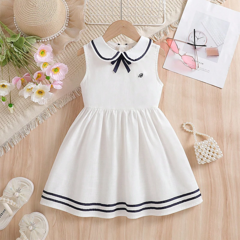 Mädchenkleid 2-6 Jahre Ärmellos im Preppy-Stil 100% Baumwolle Weiß Schuluniform-Stil Kinder Sommer-Outfits – Detail 2
