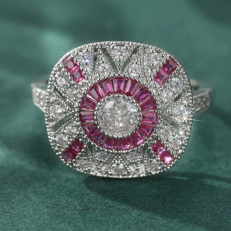 Luxuriöser Eingelegter Weiß-Rosa CZ Damenring Funkelnder Silberfarbener Geometrischer Alltags- und Partyschmuck Jubiläumsgeschenk – Detail 1