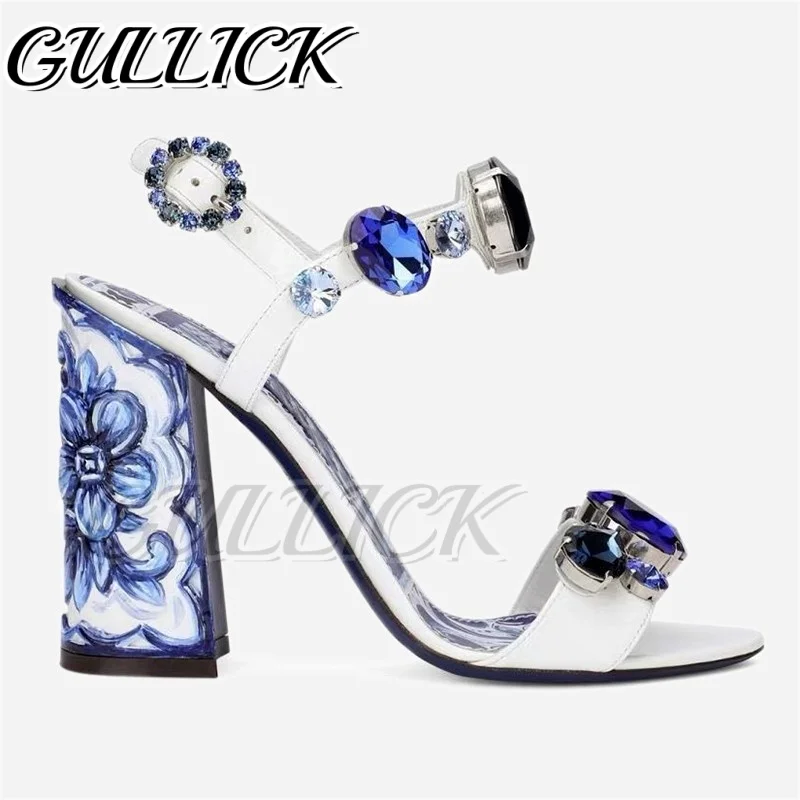 

Сандалии на каблуке с цветочным принтом и драгоценными камнями, женская роскошная дизайнерская обувь на высоком каблуке с одним ремешком, летняя обувь в богемном стиле, обувь для отдыха и путешествий