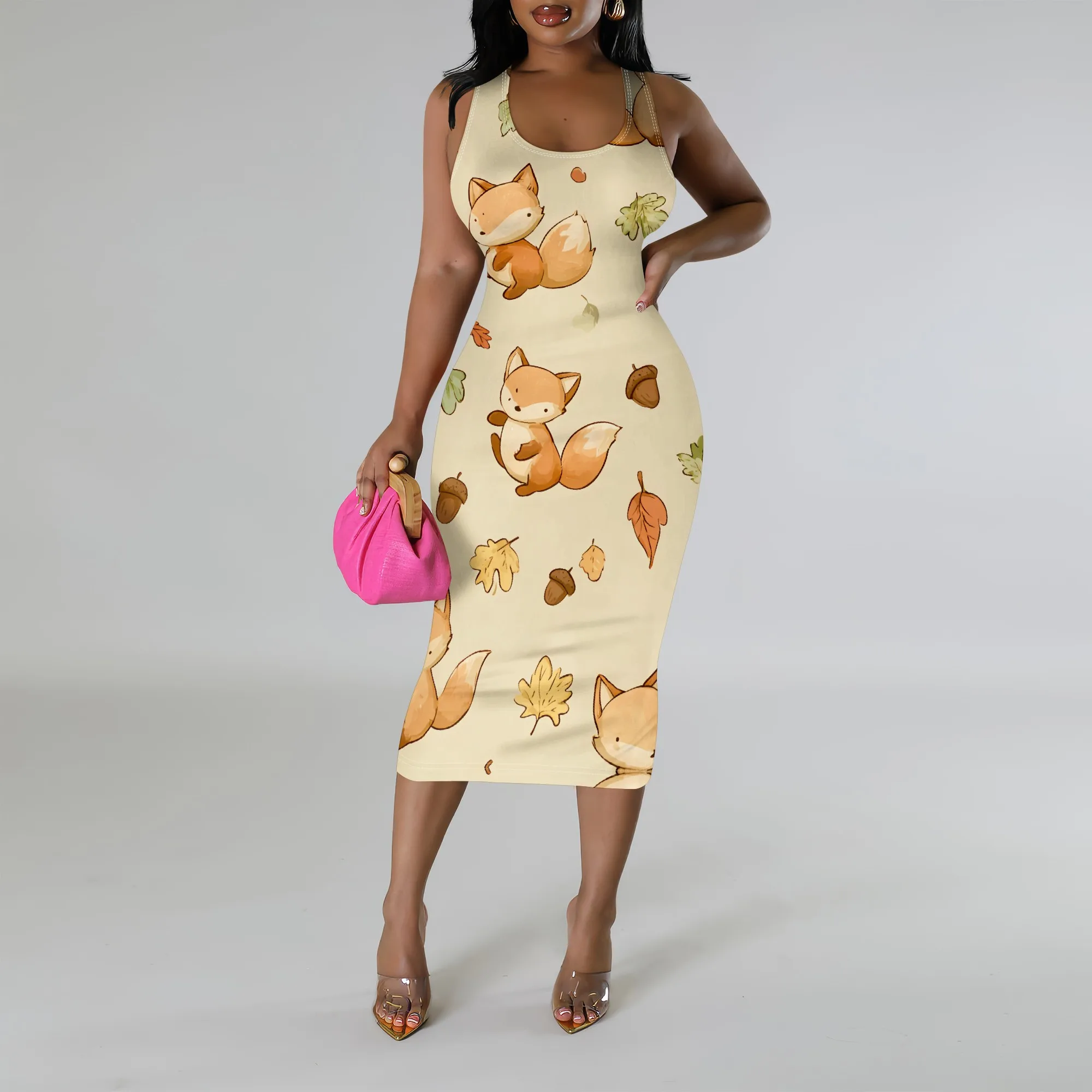 

Women's Cute Fox Print Bodycon Midi Dress S-3XL Sleeveless Slim Fit Fall Outfit for Casual Day Out 2025