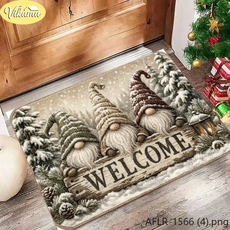 VIKAMA Holiday Door Mat Three Gnomes with Welcome Sign Non Slip Soft Washable Entrance Floor Rug Christmas Home Decor