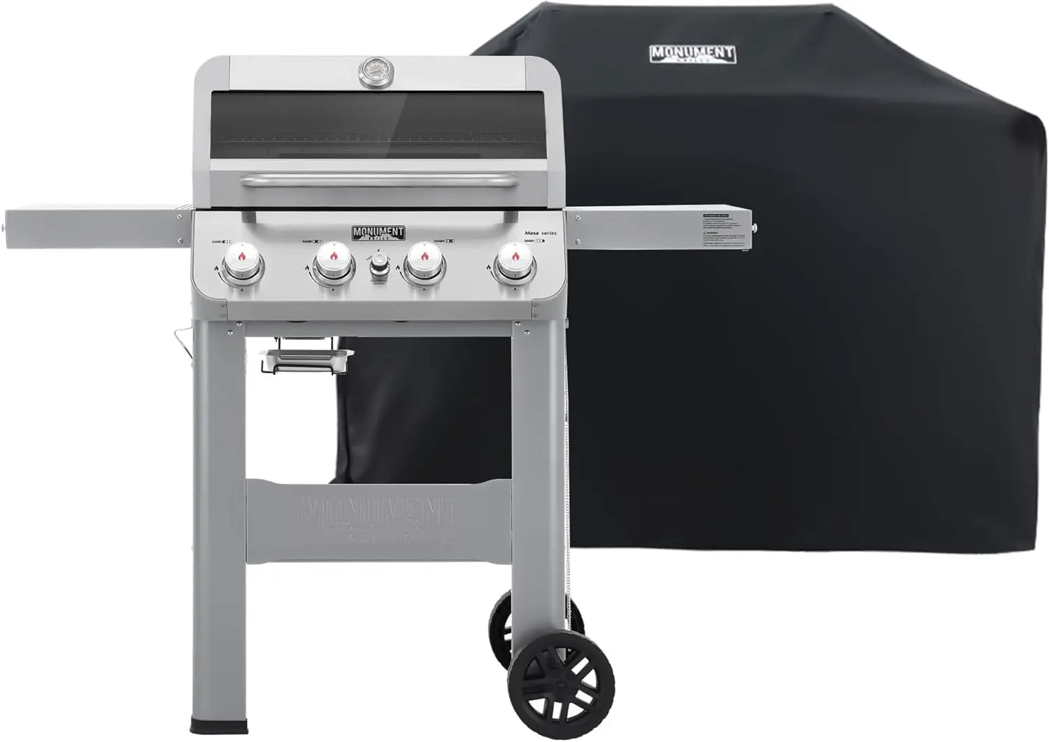 

Liquid Propane 4-Burner Gas Barbecue Grill, Silver Stainless Steel, with Clear Lid and Foldable Shelf for Patio Garden, Includes BBQ Cover