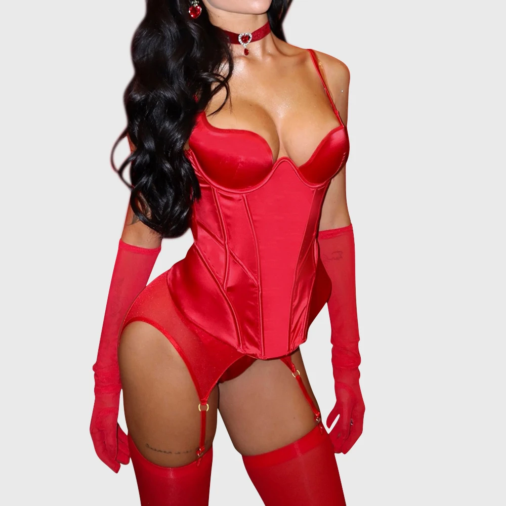 Red Satin Corset Lingerie Set Steel Boned Waist Cincher Garter Belt & Thong Valentine Outfit Women Luxury Lingerie Clubwear