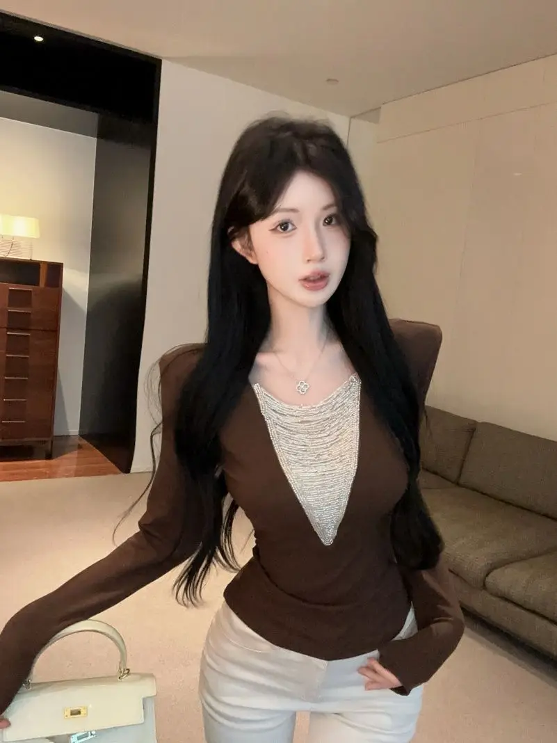 Sexy Girl Long Sleeve Crop Top Women's Autumn Winter Slim Fit Waist Cinched Slimming Color Block Contrast Inner Wear Small Top