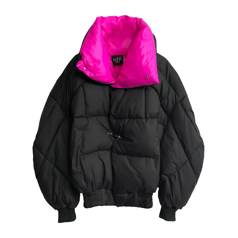 Down Jackets Casual Oversized Bat Sleeved Winter Jacket Womens Stylish Hit Color Liner Warm Stand Collar Puffer Parkas Coat Fema