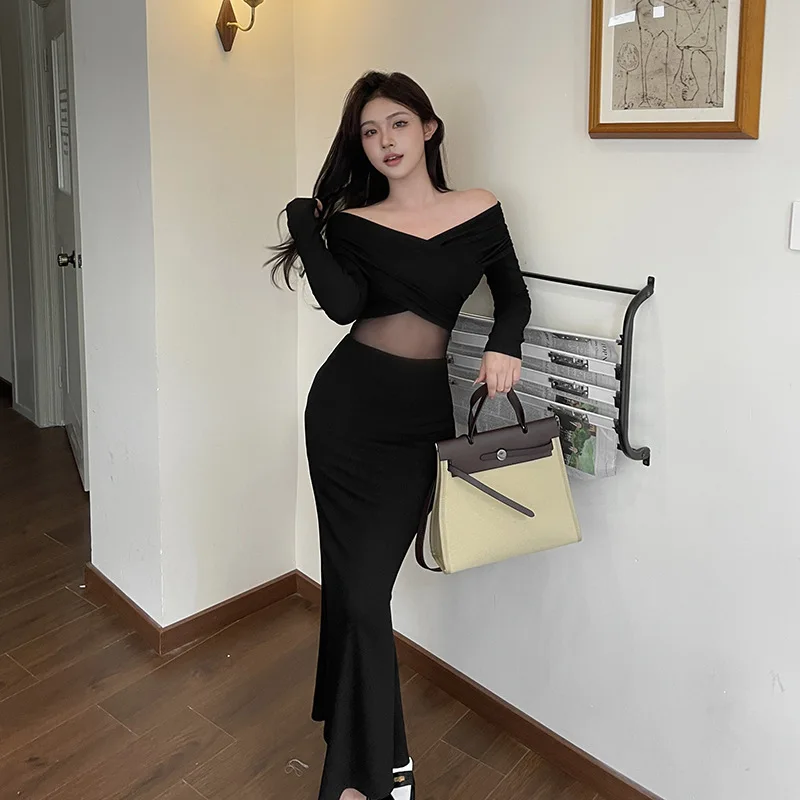 Gonna a sirena aderente nera trasparente con scollo a barchetta incrociata vintage Abiti maxi autunnali da donna delicati con giunture slim fit sexy