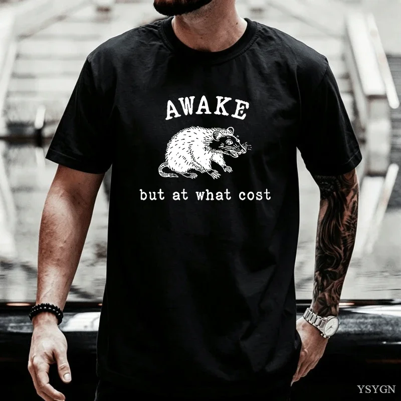 Retro T-shirt with The Tagline Wake Up But Pay The Price Fun Possum Design Satirical Quotes and 90s Retro Mouse Emoji Women Tops