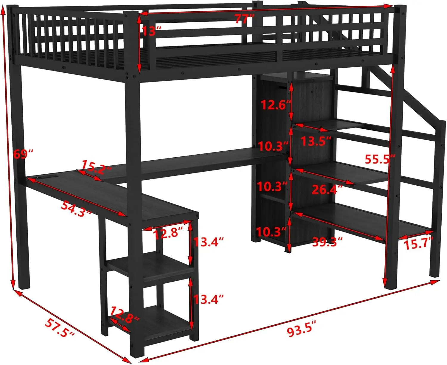 "Espacieux lit mezzanine avec bureau et escalier, lits mezzanines de jeu avec éclairage et rangement LED RVB, cadre de lit mezzanine en métal robuste