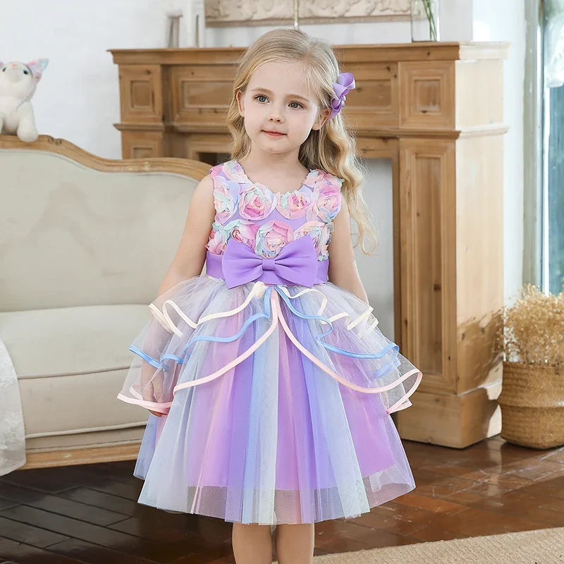 Unicorn Girls Tulle Dresses 3-10Y Kid Wedding Tutu Layers Cake Princess Elegant Party Prom Dress Children Communion Evening Gown