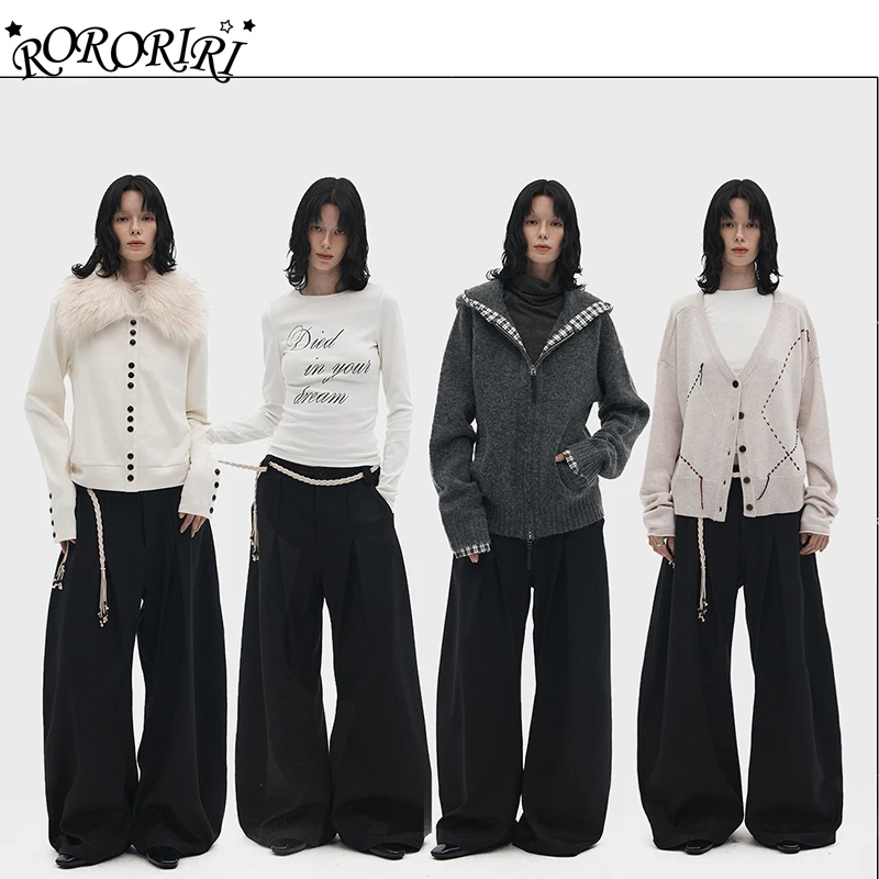 

RORORIRI Формальный костюм Брюки Черные женские длинные брюки Плиссированные широкие брюки Свободный крой Осенние офисные женские элегантные драпированные рабочие брюки