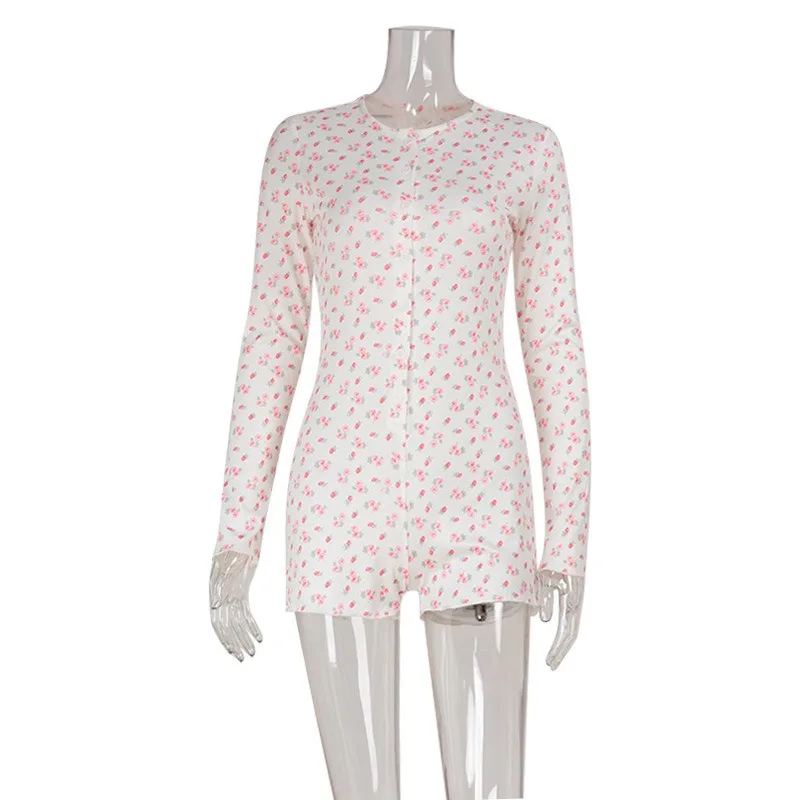 

2026 spring and summer floral crew neck long-sleeved onesie shorts integrated women