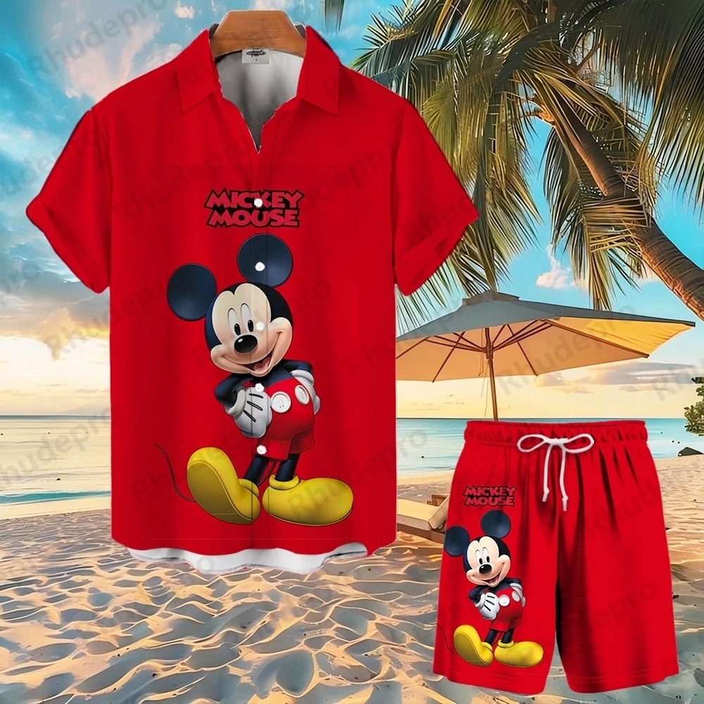 

Disney Mickey Mouse Coconut Men And Women Button Shirt Hawaiian Shirt Set Beach Shorts Beach Casual Short-sleeved Shorts Suit