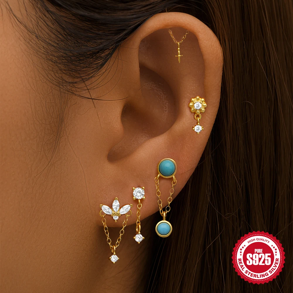 

CANNER 1PC Horse Eye Chain Tassel Zircon 925 Sterling Silver Drop Earring For Women 18K Gold Ins Turquoise Earring Fine Jewelry