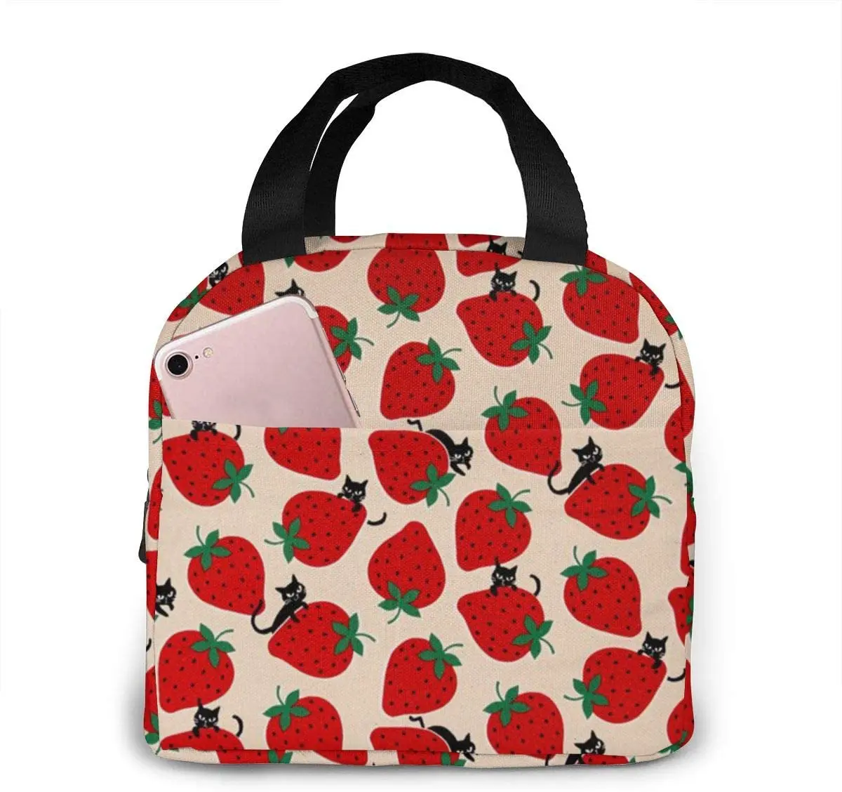 Black Cat On Red Strawberry Lunch Bag per donna ragazze bambini borsa da Picnic isolata Thermal Bento Prep Cute Bag Lunch Box Camping