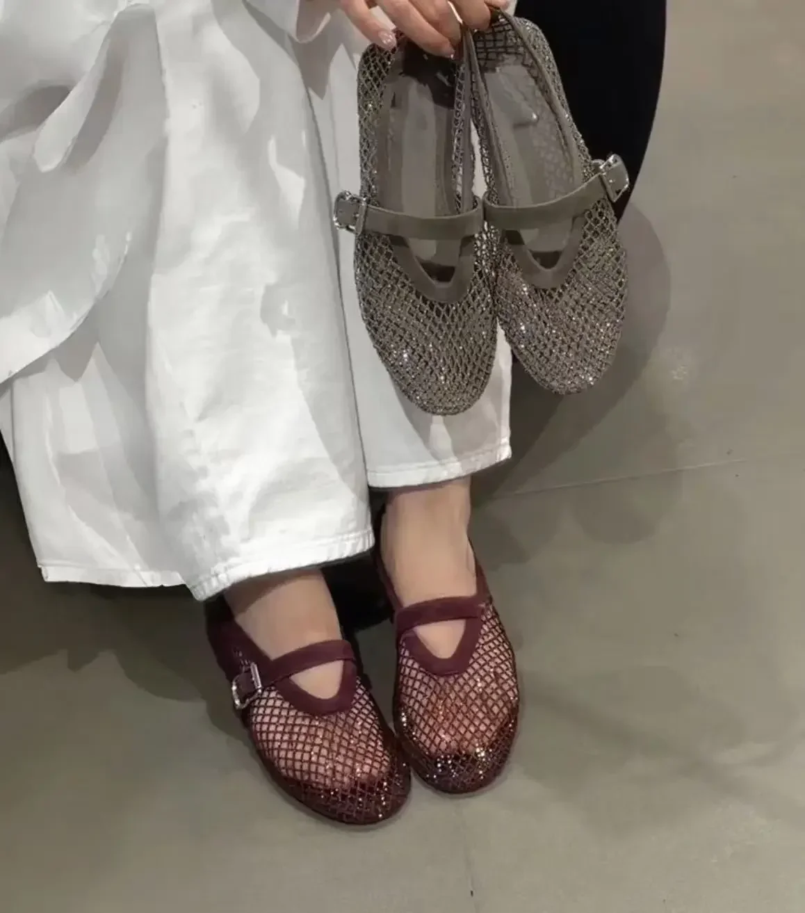 2026 Neues Modell~ Netzstoff Strass Ballerinas Mary Jane Damenschuhe mit Ausgehöhltem Riemen – Detail 17