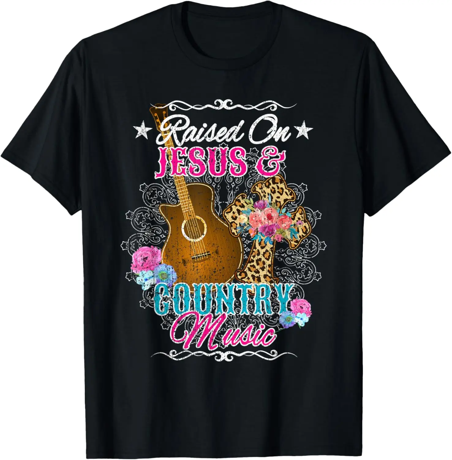 Raised On Jesus And Country Music Women Girls Guitar Cross T-Shirt