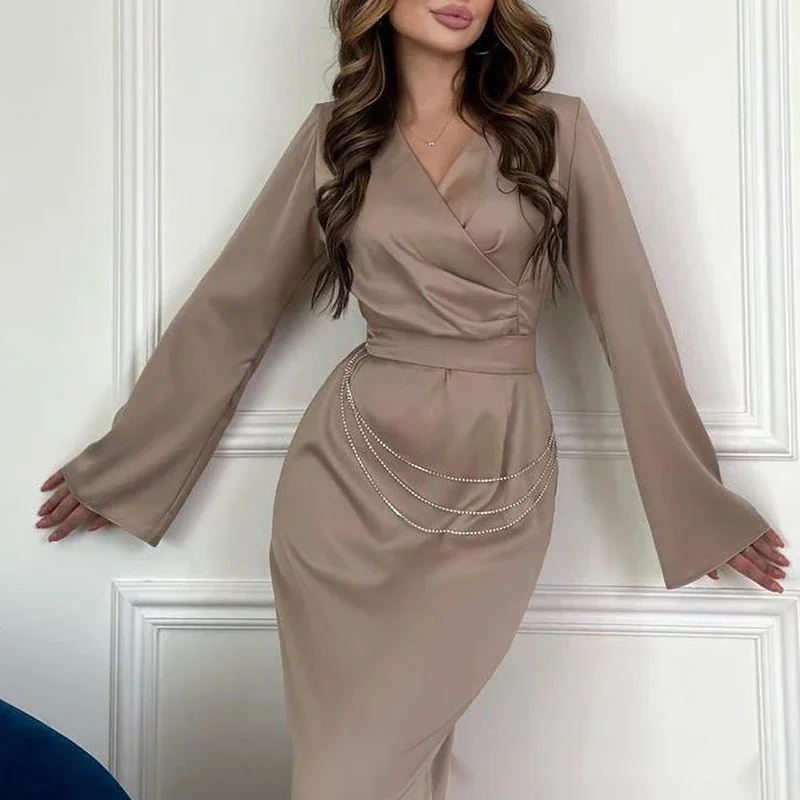 Elegant Women High Waist Chains Design Satin Party Dresses 2024 Spring Long Sleeve V-neck Long Dress Enening Dresses Robe Femme