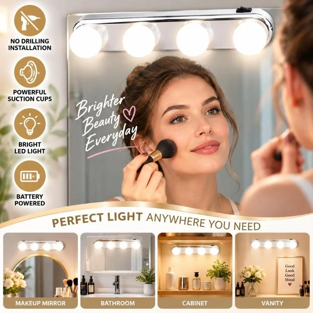 ABS Mirror Lights Silver Wall Mounted Makeup Vanity Lights 4 Bulbs Suction Cup Vanity Lights Living Room Bathroom Dressing Room