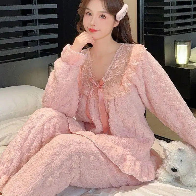 

Princess Coral Velvet Pajamas Sets Girl Long Sleeved Lace Edge Leisure Wear Keep Warm Autumn Winter Home Clothes Outerwear New